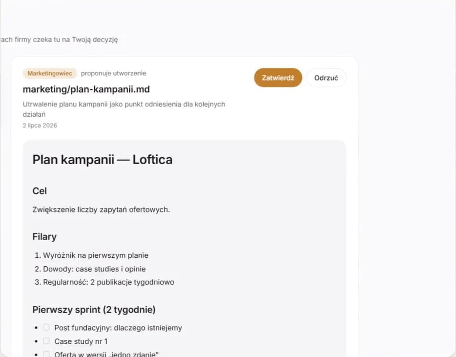 Ekran zgód w DRUH AI — Marketingowiec proponuje plan kampanii, przyciski Zatwierdź i Odrzuć